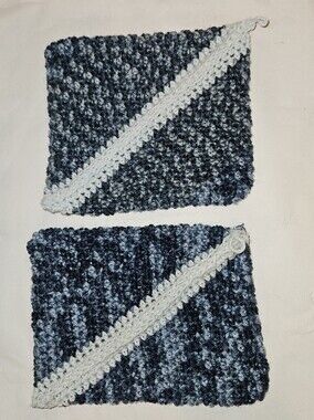 Handmade Crochet Oven-Potholders in Navy and Light Blue.
